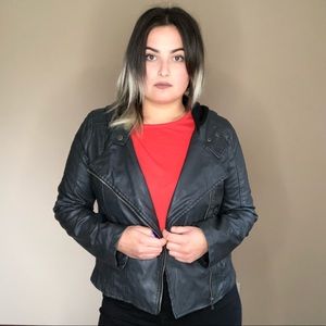 Faux Leather Jacket w/ Hoodie